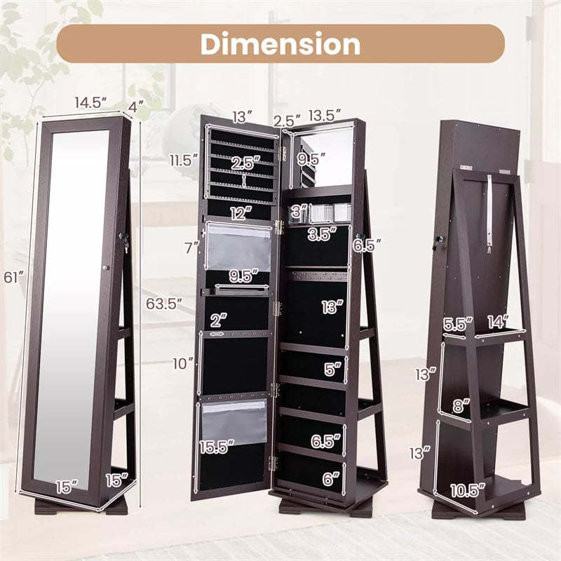 360° Swivel Jewelry Cabinet Armoire with Full Length Mirror & Rear Storage Shelves, Standing Lockable Jewelry Organizer Inside Makeup Mirror