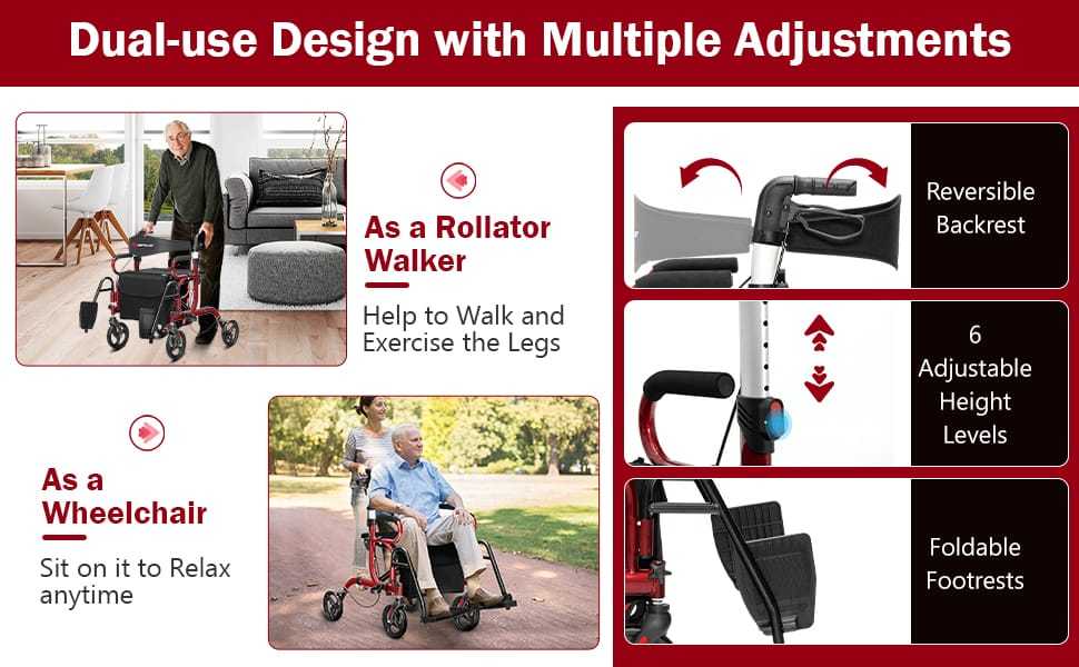 2-in-1 Rollator Walker for Seniors, Folding Medical Walker Transport Chair with Seat, 8" Wheels, Supports 350lbs, Aluminum Mobility Walking Aid