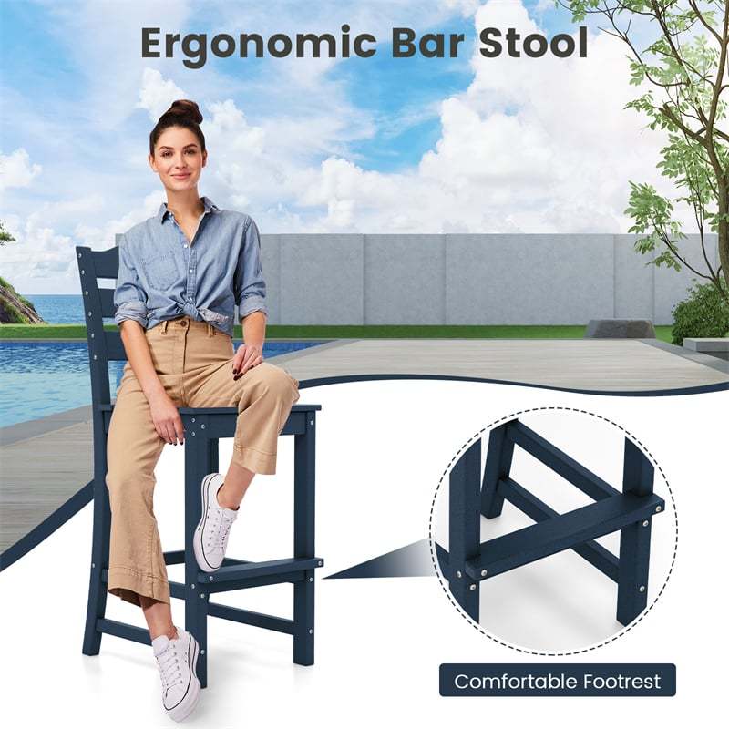 Outdoor HDPE Bar Stools Set of 2, 30" Tall All-Weather Patio Bar Chairs with Backrest & Footrest for Garden, Backyard, Easy Maintenance