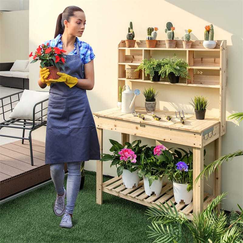 Outdoor Potting Bench, 60.5" Wood Garden Workstation Potting Table with Storage, Flip-Up Tabletop, Shelves & Hanging Hooks for Patio, Porch, Yard