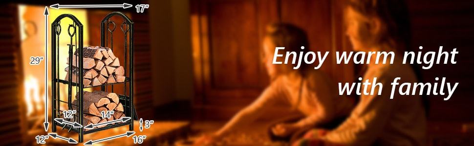 Firewood Rack with 4 Fireplace Tools Set, Wrought Iron Log Rack Wood Storage Firewood Holder for Outdoor Indoor