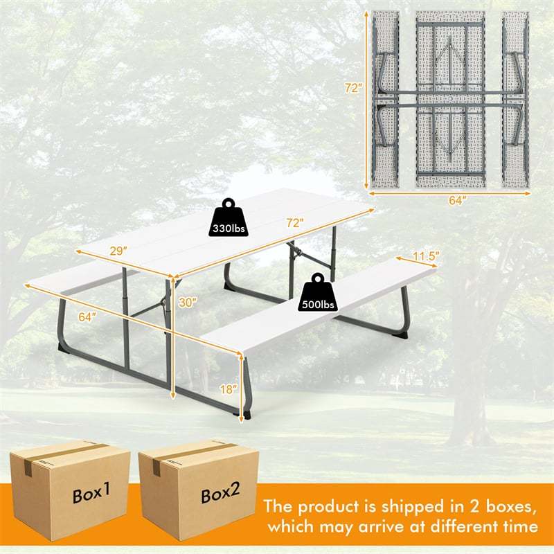 8-Person 6FT Folding Picnic Table & Bench Set, Heavy Duty All-Weather HDPE Outdoor Dining Table with Umbrella Hole & 2 Built-in Benches
