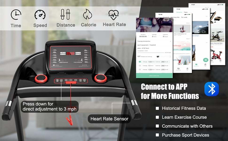 2.25HP Folding Treadmill Portable Electric Superfit Treadmill Walking Running Machine with APP Control LED Display Bluetooth Speaker