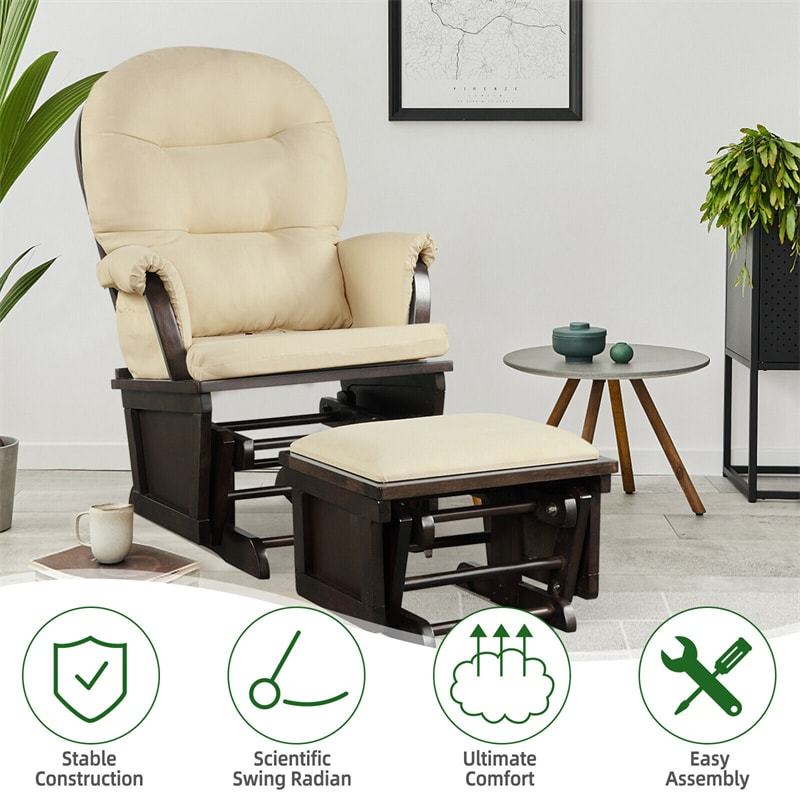 Nursery Glider & Ottoman Set, Wooden Upholstered Glider Rocker with Removable Padded Cushion, Rocking Chair for Napping, Nursing, Reading