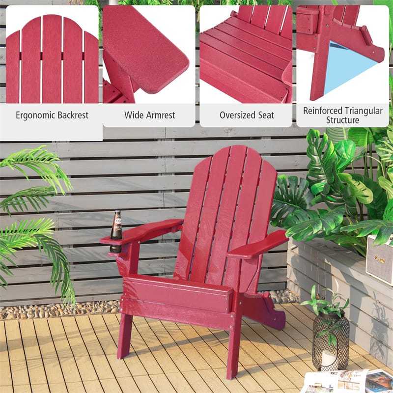 HDPE Folding Adirondack Chair, Outdoor Fire Pit Chair with Cup Holder, Weather Resistant Patio Lounge Chair for Backyard, Garden, Poolside