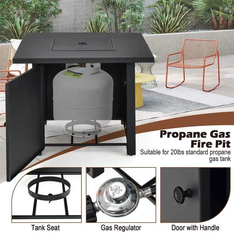 32" Square Propane Fire Pit Table 50,000 BTU Patio Gas Fire Pit Table with Fire Glasses & PVC Protective Cover, Outdoor Fire Table for Backyard