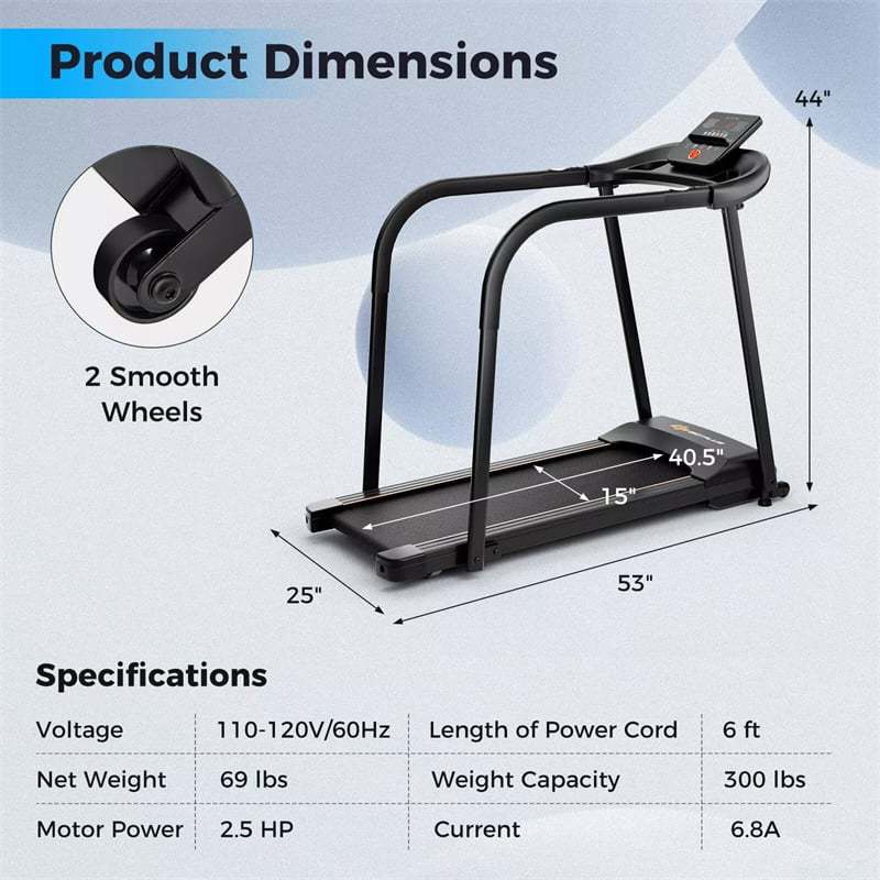 2.5 HP Walking Treadmill for Seniors with Long Handrails, Pulse Sensors, LED Display, 300 lbs Capacity, Recovery Fitness Exercise Machine for Home