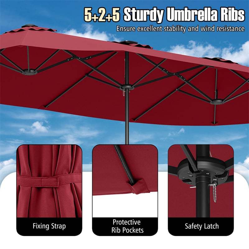 15.5FT Extra Large Patio Umbrella with 144 Solar LED Lights & Crank Handle, 12 Heavy-Duty Ribs Double-Sided Market Umbrella for Deck, Poolside