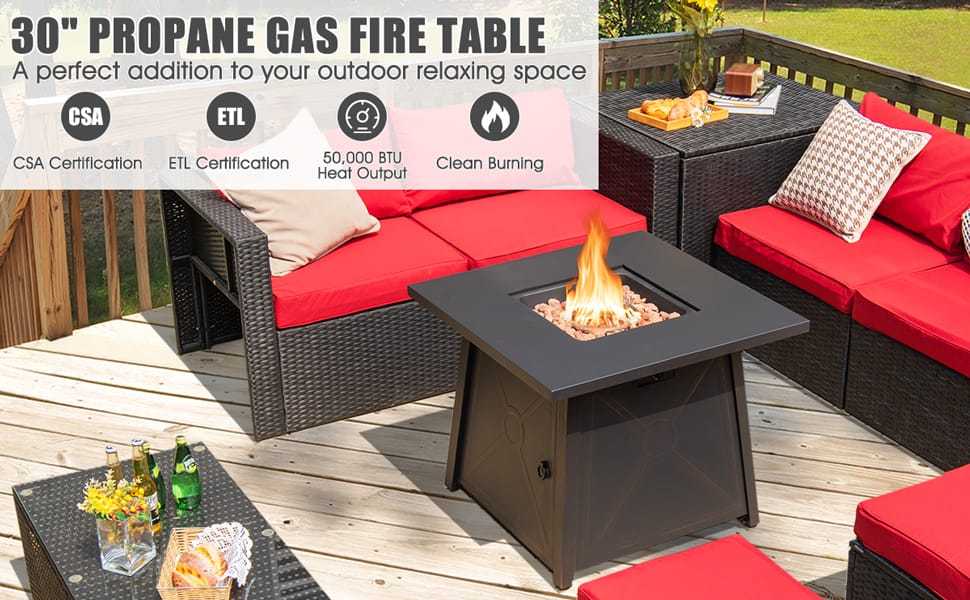 30" Square Propane Fire Pit Table 50,000 BTU Outdoor Gas Fire Pit Table with Waterproof PVC Cover, Lava Rocks, CSA Certification, Steel Frame