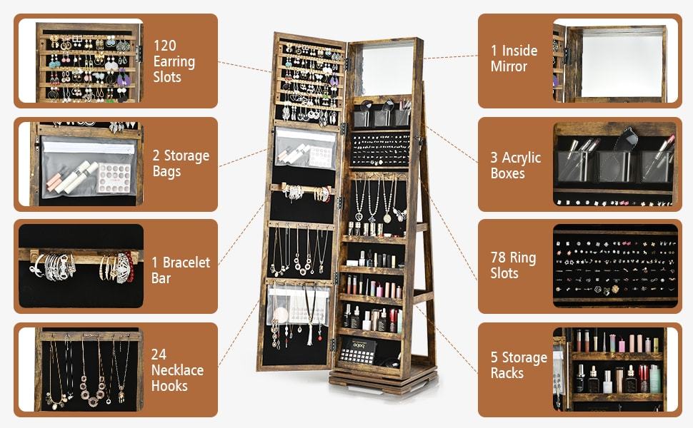 360° Swivel Jewelry Armoire Standing Lockable Jewelry Cabinet Organizer with Higher Full Length Mirror & Rear Storage Shelves