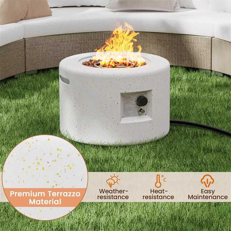 25.5" Round Terrazzo Propane Fire Pit, 40,000 BTU Outdoor Gas Fire Pit Table with Stainless Steel Burner, Lava Rocks, Protective Cover & Tank Seat