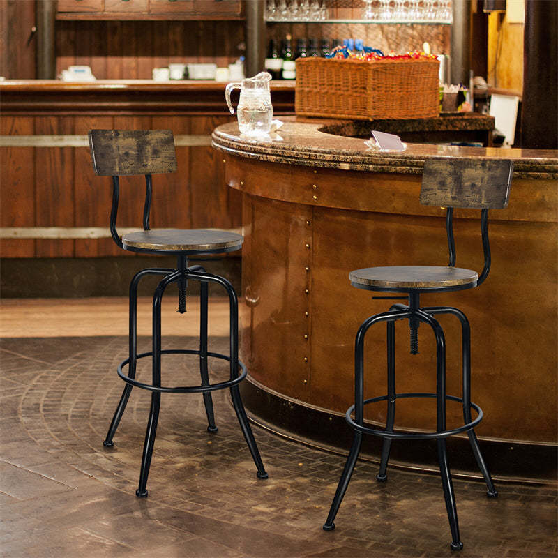 Vintage Industrial Bar Stools Set of 2, Adjustable Counter Height Bar Chairs with Arc-Shaped Backrest & Footrest, Swivel Metal Stools for Kitchen Pub