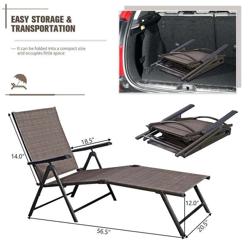 2PCS Outdoor Chaise Lounge Folding Patio Lounge Chairs Steel Fabric Sun Loungers Adjustable Reclining Chairs for Poolside Beach Garden Yard