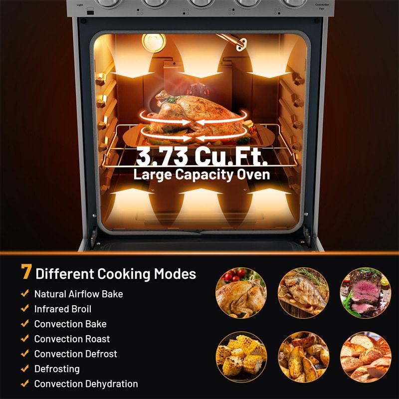 24" Freestanding Natural Gas Range Stainless Steel Dual Fuel Gas Range with 4 Burners Cooktop & 3.73 Cu.Ft. Convection Oven