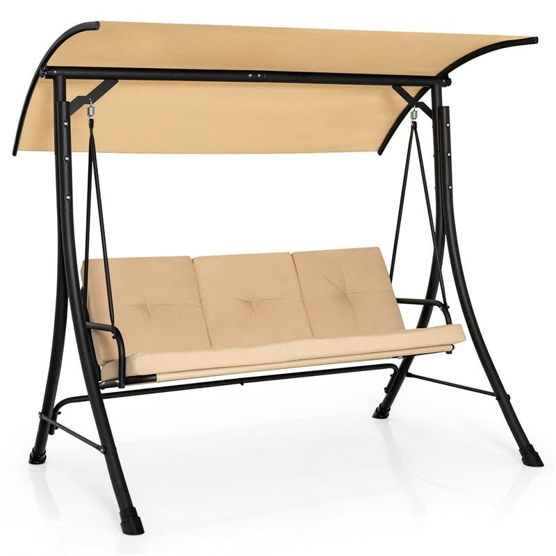 3-Seat Outdoor Porch Swing with Adjustable Canopy & Removable Cushions, Steel Frame Patio Swing for Garden, Backyard, Balcony, Poolside