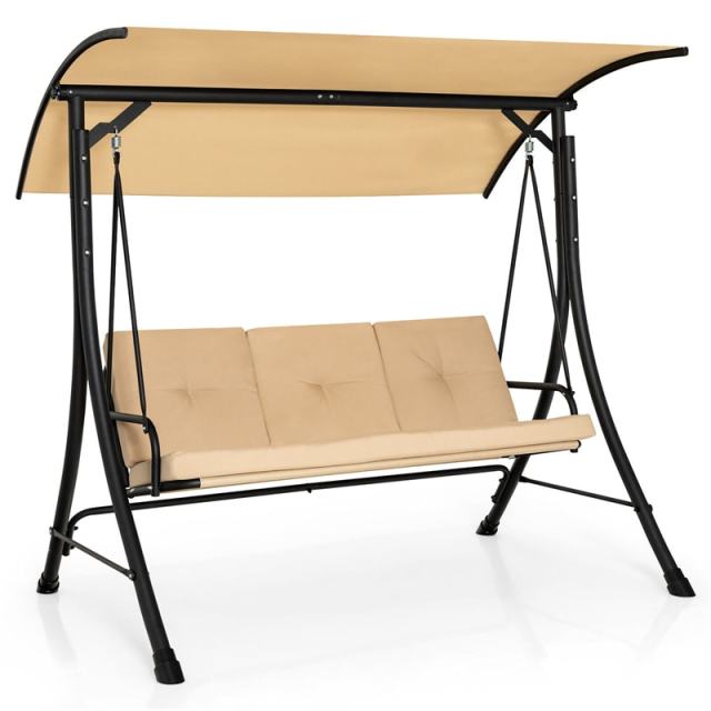 3-Seat Outdoor Porch Swing with Adjustable Canopy & Removable Cushions, Steel Frame Patio Swing for Garden, Backyard, Balcony, Poolside