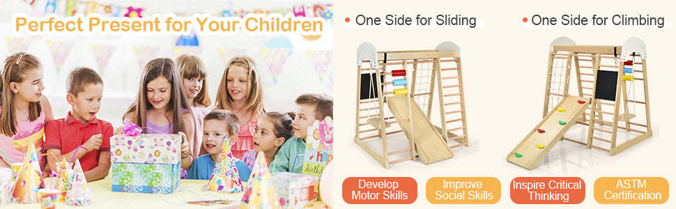 Kids Indoor Playground Jungle Gym 8-in-1 Wooden Toddler Climbing Toys with Slides