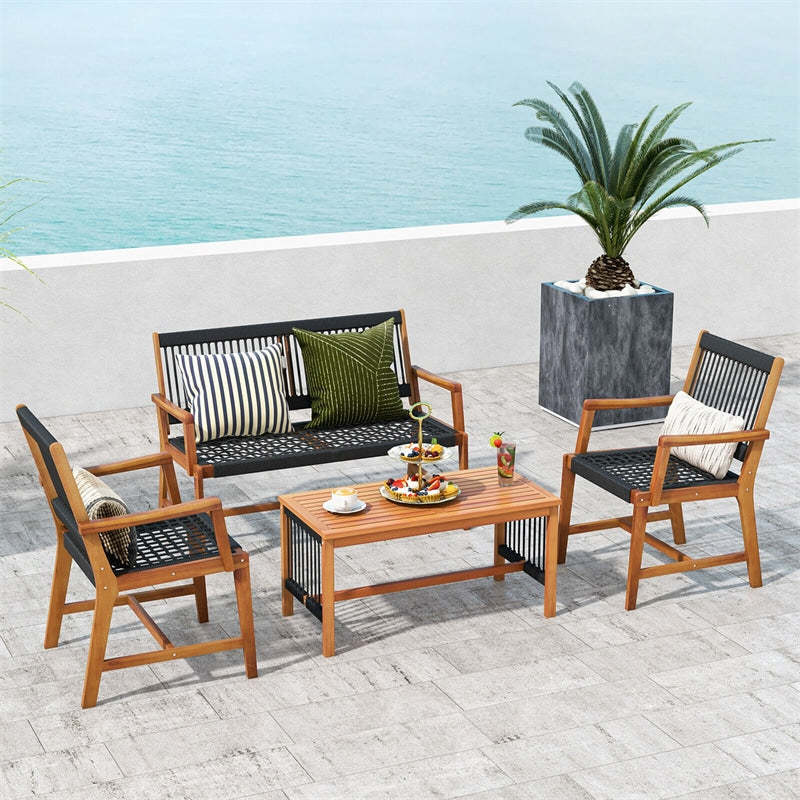 4pcs Acacia Wood Outdoor Conversation Table Chair Set Patio Chat Set with Coffee Table & Hand-Woven Rope Loveseat Chairs