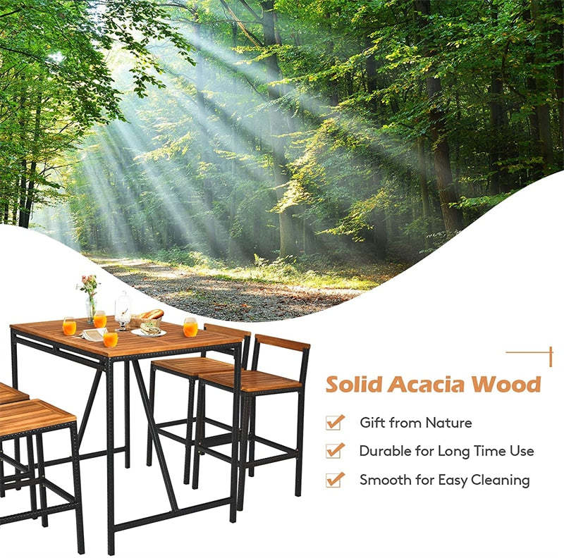 5 Piece Acacia Wood Rattan Patio Bar Height Dining Set with 4 Bar Stools Umbrella Hole