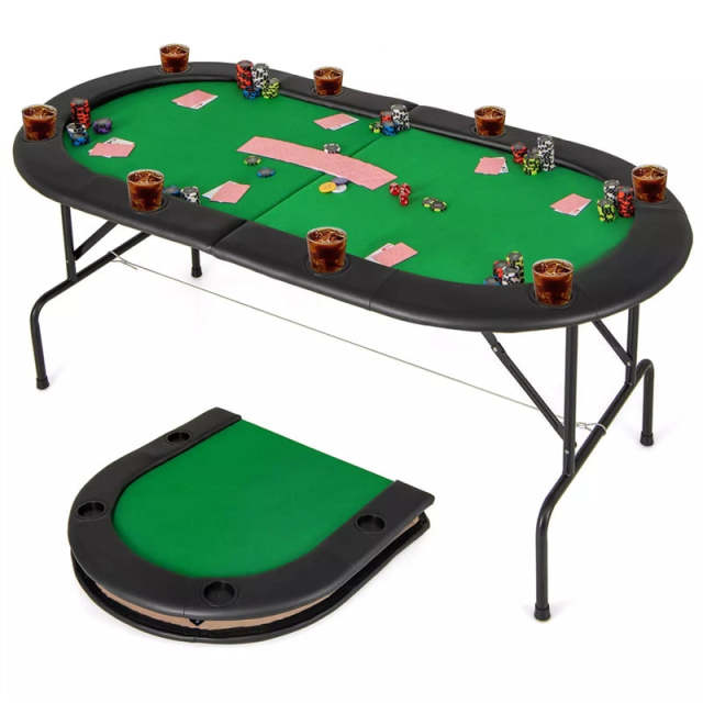 8-Player Poker Table, Foldable Card Board Game Table with Cup Holders, Casino-Grade Felt, Portable Texas Holdem Table for Blackjack Casino Games