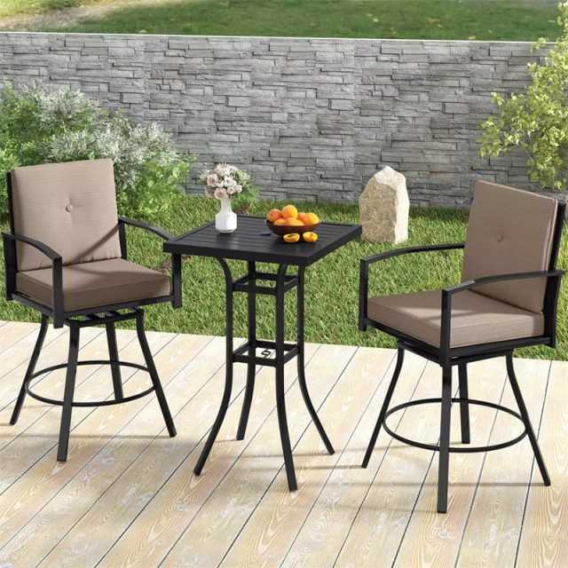 3-Piece All-Weather Metal Patio Bar Set, Outdoor 360° Swivel Bar Stools & Table with Removable Cushions & Umbrella Hole for Poolside, Deck, Backyard