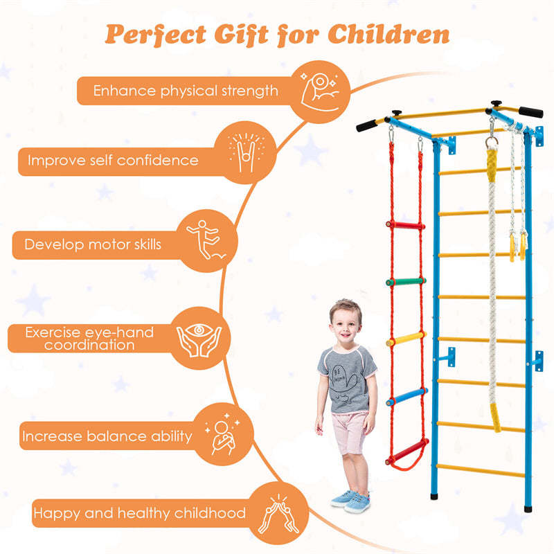 5-in-1 Climbing Toys Toddlers Kids Indoor Jungle Gym Steel Swedish Ladder Wall Set with Pull-up Bar & Gymnastic Rings