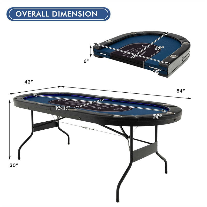 10-Player Poker Table, Foldable Casino Leisure Table Card Game Table Texas Holdem Table with LED Lights, Cup Holder & 4 USB Ports for Blackjack Board