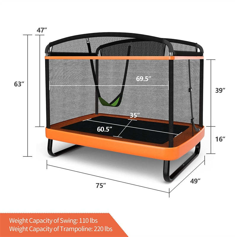 6FT Kids Trampoline with Swing & Safety Enclosure Net, ASTM Approved Indoor Outdoor Rectangle Trampoline for Boys & Girls, 220lbs Capacity