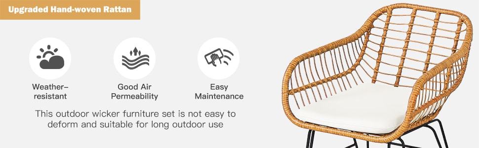 3 Piece Rattan Patio Bistro Set Wicker Conversation Set with Glass Coffee Table & Cushioned Armchairs