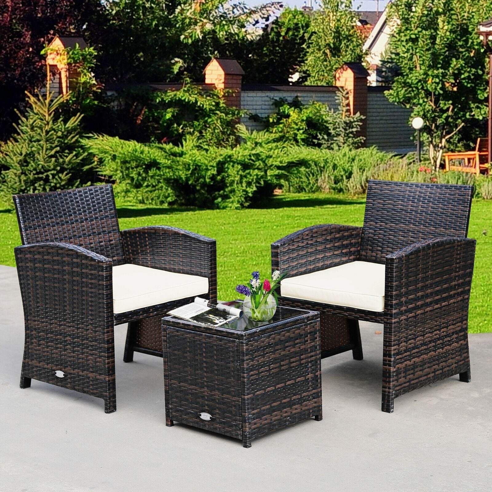 3 Pieces Outdoor PE Rattan Furniture Set with Cushion Chair and Coffee Table