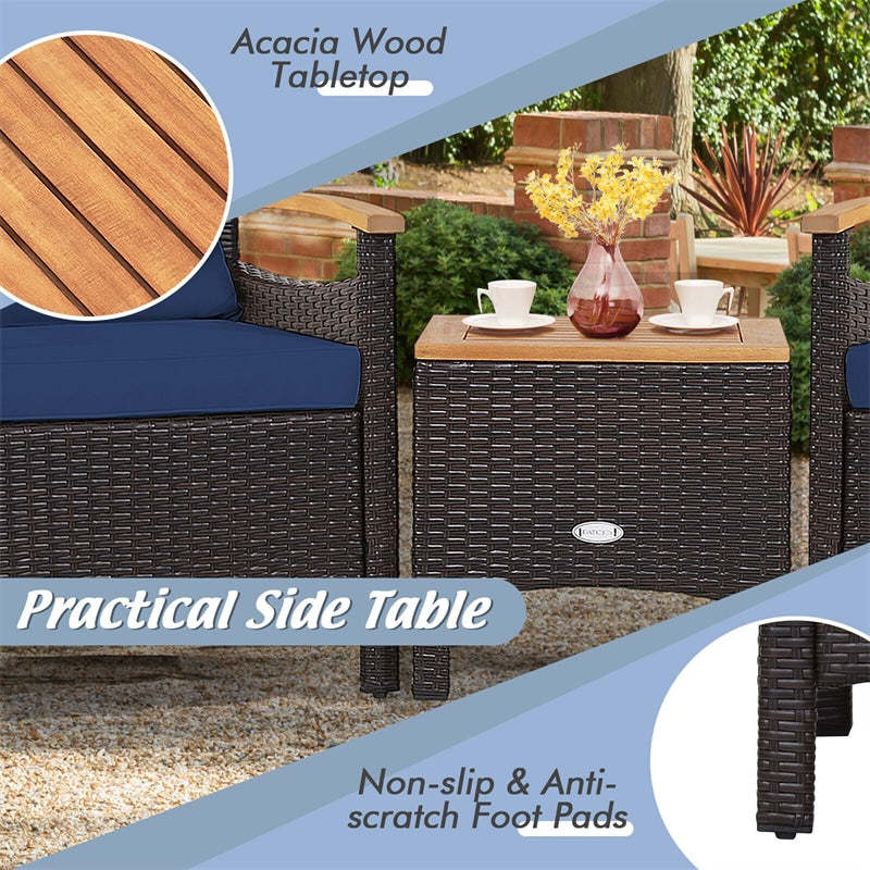 3PCS Patio Rattan Conversation Set Wicker Furniture Set with Cushioned Chairs, Acacia Wood Armrest & Table Top