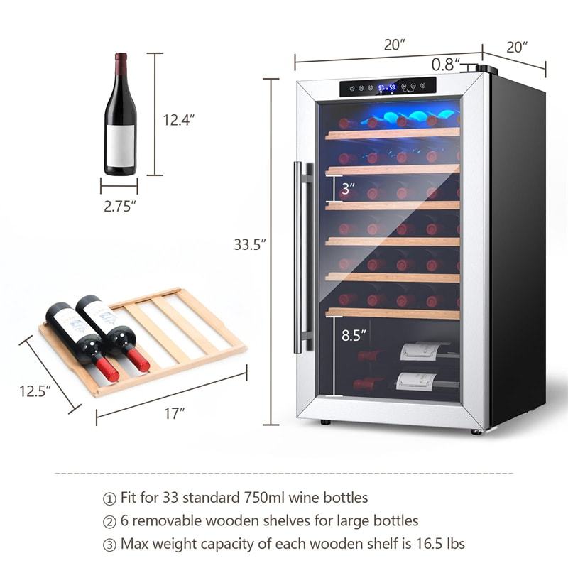 20" Wine Cooler, 33-Bottle Wine Refrigerator w/2-Layer Tempered Glass Door, Dual Alarm Function & Temp Control, Built-in/Freestanding Mini Wine Fridge