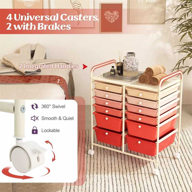 12-Drawer Rolling Storage Cart, Multipurpose Organizer Cart with Lockable Casters, Mobile Utility Cart for School Office Beauty Salon