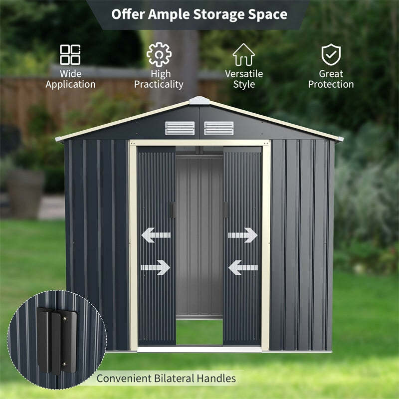 7' x 4' Large Metal Storage Shed, Galvanized Steel Garden Tool House with Lockable Double Sliding Door & Air Vents, Outdoor Backyard Storage Cabinet
