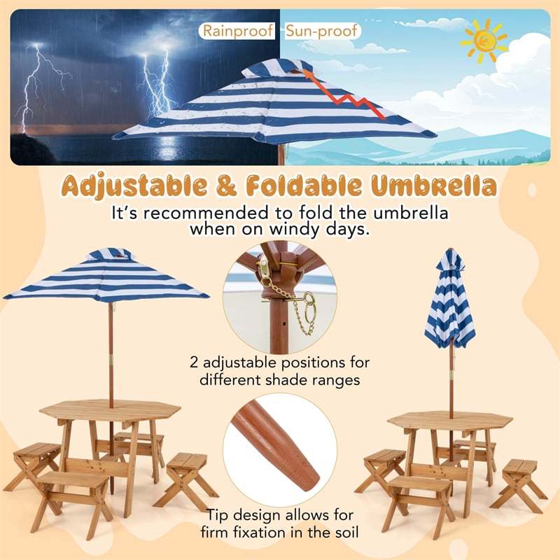 Kids Picnic Table Bench Set Fir Wood Octagon Table with 4 Chairs & Stripe Fabric Umbrella, Toddler Activity Table for Outdoor Garden Backyard