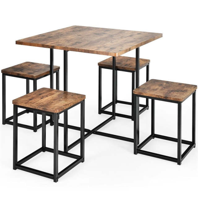 5pcs Compact Dining Table Set with 4 Square Stools & Metal Frame for Small Space Pub Apartment
