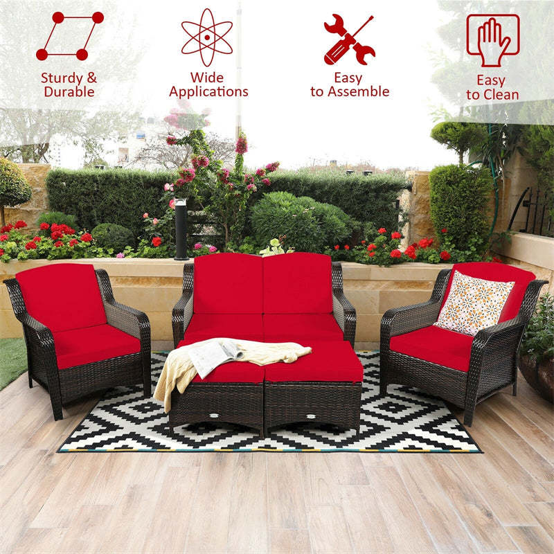 5 Pieces Patio Rattan Furniture Set with Cushions and Ottoman