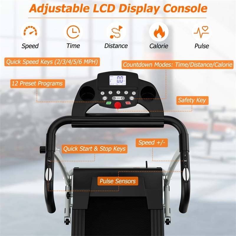 800W Folding Treadmill, Electric Motorized Running Machine with LED Display, 12 Preset Programs, Pulse Sensor & Built-in Wheels for Home Use