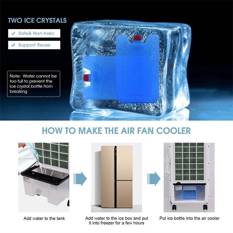 3-in-1 Portable Evaporative Cooler, Air Cooling Fan & Humidifier with Remote Control, Ice Packs, 8L Water Tank, Quiet for Home, Office, Bedroom
