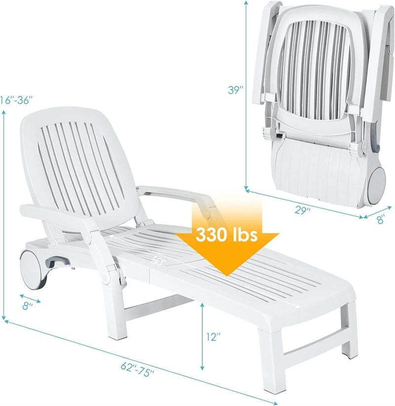 2PCS Folding Outdoor Chaise Lounge Chairs, All-Weather Patio Sun Loungers with 6-Position Adjustable Backrest & Wheels for Poolside, Garden, Beach