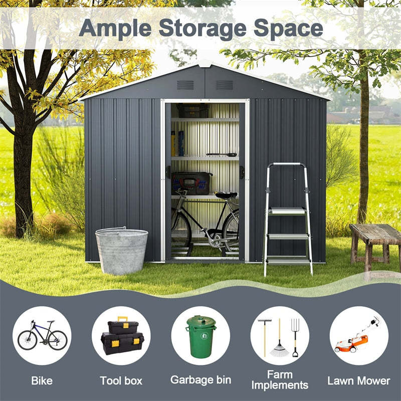 Large Metal Storage Shed 5.7' x 7.5' Outdoor Garden Tool House Bike Shed with Ground Foundation Frame & Lockable Sliding Door
