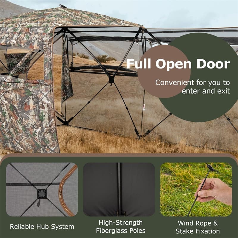 360° One-Way See-Through Hunting Blind with Full-Open Door & Portable Carrying Bag, Pop Up Ground Blind 2-3 People Hunting Tent for Deer Turkey