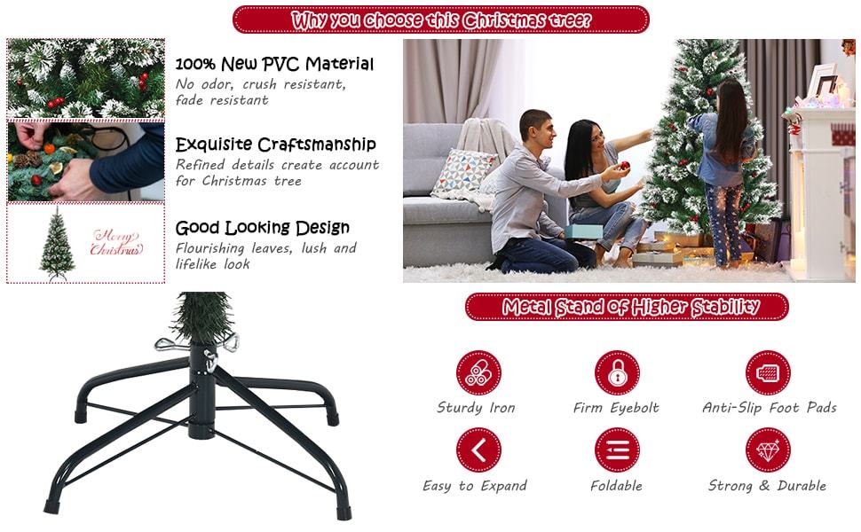 8ft Snow Flocked Pencil Artificial Christmas Tree with Red Berries