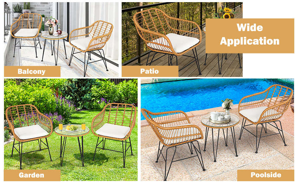 3 Piece Rattan Patio Bistro Set Wicker Conversation Set with Glass Coffee Table & Cushioned Armchairs