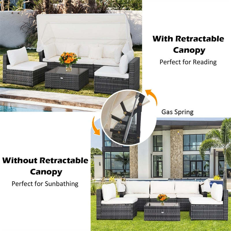 6PCS Rattan Patio Furniture Set with Retractable Canopy, 3-Seat Daybed Sofa, Cushions & Glass Coffee Table, All-Weather Outdoor Sectional Sofa Set