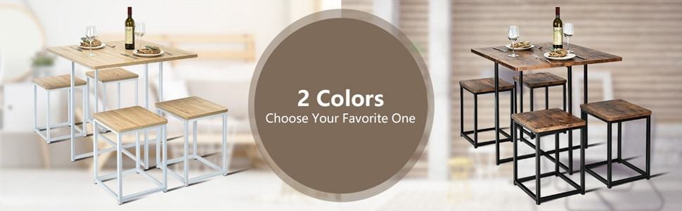 5pcs Compact Dining Table Set with 4 Square Stools & Metal Frame for Small Space Pub Apartment