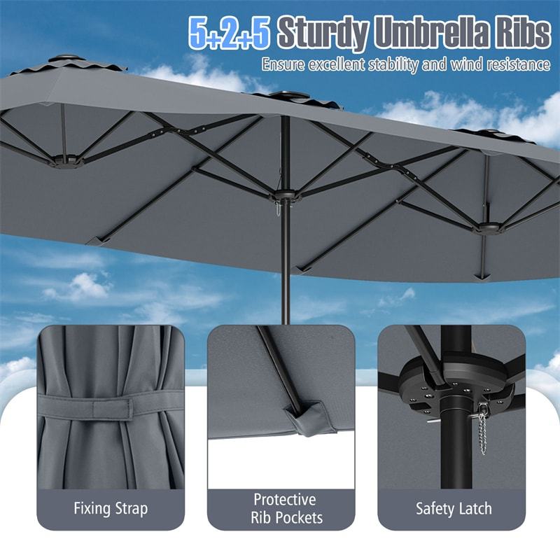 15.5FT Extra Large Patio Umbrella with 144 Solar LED Lights & Crank Handle, 12 Heavy-Duty Ribs Double-Sided Market Umbrella for Deck, Poolside