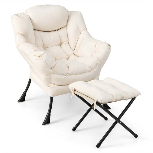 Lazy Chair Modern Fabric Leisure Lounge Armchair Upholstered Accent Sofa Chair with Folding Ottoman & Storage Pocket