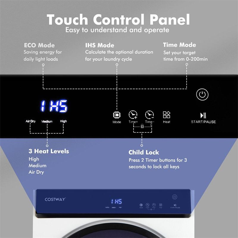 1400W Electric Tumble Compact Laundry Dryer 8.8lbs Portable Stainless Steel Clothes Dryer with Touch Panel