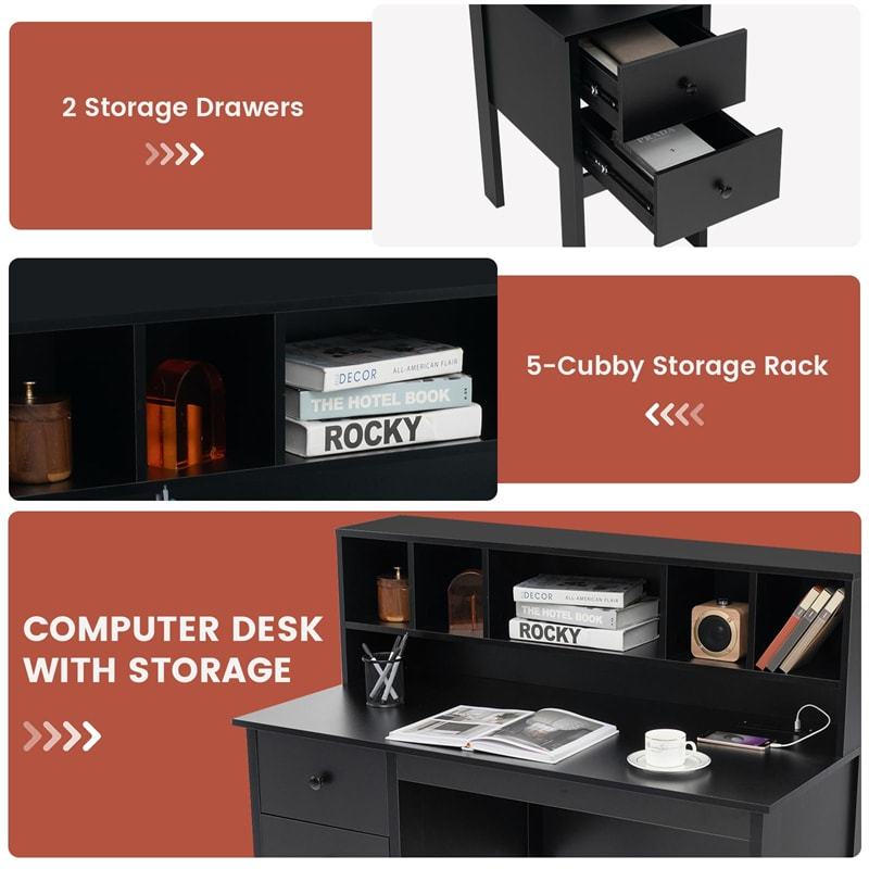 48" Computer Desk with Charging Station, 5-Cubby Hutch & 2 Drawers, Home Office Desk w/Power Outlets, USB/Type-C Ports for Bedroom, Small Space